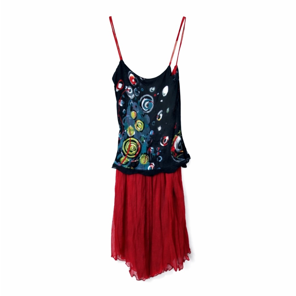 Jean Paul Gaultier Vintage Abstract Print Top w/ Red Chiffon
